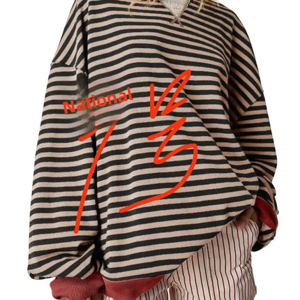 Casual Embroidered Striped Splicing Long Sleeve Crew Neck Pullover Hoodie Women's Clothing Comfortable Breathable Streetwear