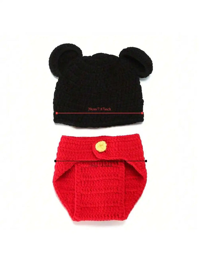 Newborn Photography Outfit Handmade Knitted Cartoon Animal Mickey Costume Jumpsuit Ear Cap Hat Overall Romper Clothes Fotografia