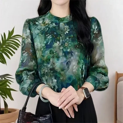 Elegant Silk Shirt Women Long Sleeve Autumn Winter New Style Fashion Floral Print Slimming Top Button Down Cotton Polyester