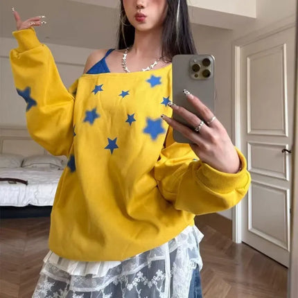 Stylish Off Shoulder Loose Sweatshirts Women's Clothing American Retro Star Spring Autumn Contrasting Colors Skew Collar Hoodies