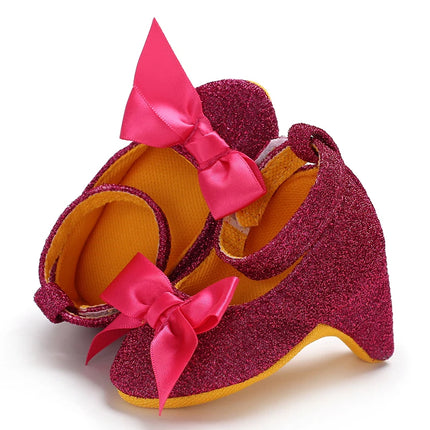Princess Style Newborn Baby Girl Cute Shoes Solid Color Bow High Heels First Step Toddler Walk Party Dress Footwear