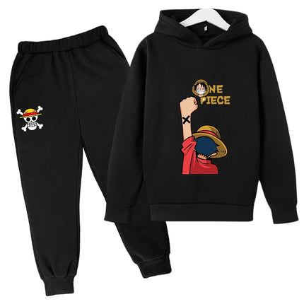 2025 Boys Girls Casual Hooded Japanese Anime One Piece Luffy Zoro Harajuku Hoodie Sweatpants Set with Pockets Sweatshirt Tops