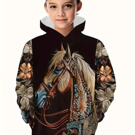 Cool Horse Girl Clothes Animals 3D Print Autumn Long Sleeve Hoodies Loose Lightweight Sweatshirt Comfortable Children's Clothing