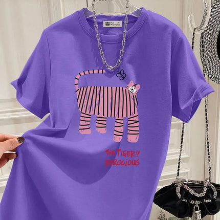 Summer New Fun Tiger Cartoon Print T-shirts Women Clothing Fashion All-match Pure Cotton Short Sleeve Top Tee Y2k Loose Pullover