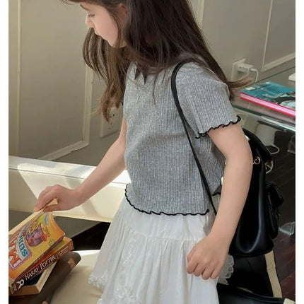 Girls' 1-12Y Korean-Style Knitted Lace-Trimmed Short-Sleeve Summer Ruched Tops: Trendy, Breathable, Bow Tie, Versatile Tee