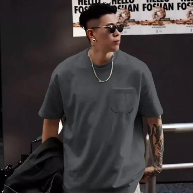 2026 New Men's Pocket Short Sleeve Round Neck T-shirt High Street Solid Color Tee Shirts Summer Casual Y2K Vintage Tshirt