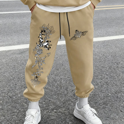 Men's Gothic Vintage Deer Rose Scroll Floral Print Sweatpants Elastic Waist Soft Dark Punk Street Hip Hop Joggers