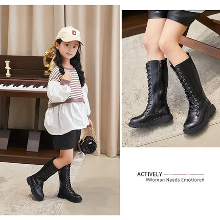 Girls Long Boots Children Knee-High Fashion Motorcycle Boots Rubber Soft Platform for Princess Kids High Boots Classic Winter