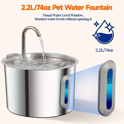 Stainless steel automatic pet water dispenser, 74 ounces/2.2 liters, with water level window for easy viewing of water level