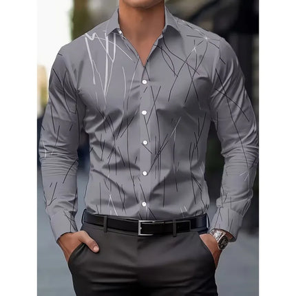 Men's Long Sleeve Geometric Line Print Dress Shirt Slim Fit Formal Casual Button Down Business Top Camisa Masculina De Negócios