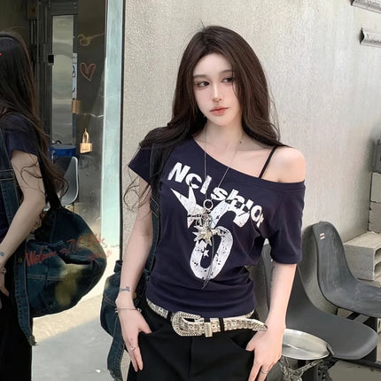 Y2k Sport Summer Off shoulder Top Women Sexy Vintage 2000s Short sleeve T shirt  Lady Body Basic Crop Top Female Casual