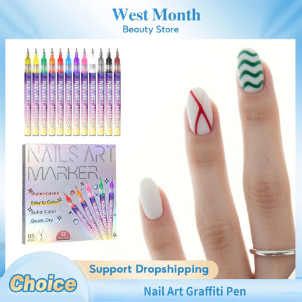 12pcs/Set Nail Art Graffiti Pen Nail Painting Strong Color Adhesion Precise Lines Quick-Dry DIY Waterproof Beauty Manicure Tools