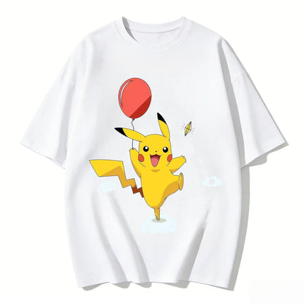 2026 New Cute Pikachu Balloon Print T Shirt Unisex Loose Casual Tee Men Women Kids Family Matching Short Sleeve Tops Streetwear