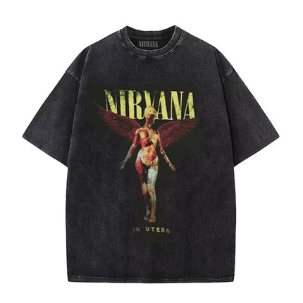 Nirvana rock band men's Retro cotton Washed Tee In Utero album man Women's oversized Y2K distress Tshirt Casual Loose streetwear