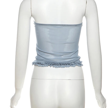 Nibber Folds Sexy Fishbone Strapless Tops Patchwork See Through Skinny Summer Backless Daily Street Versatile Sweet Clothes
