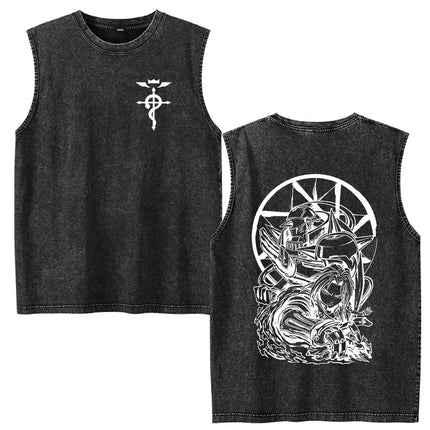 Anime Fullmetal Alchemist Vintage Washed Tank Tops Funny Manga Brotherhood Eyes T-shirts Fashion Casual Sleeveless Vest T-shirts