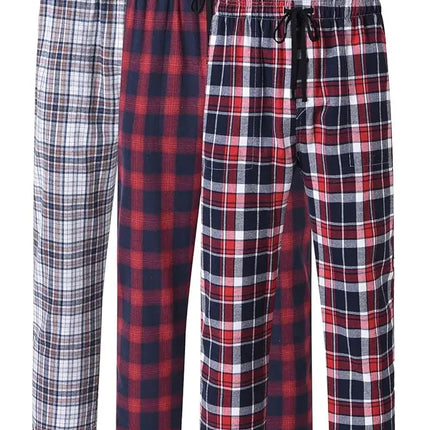 3Pcs Men's 100% Cotton Plaid Pajama Sleeping Pants, Long Plaid Print Sleepwear Pajama Pants with Elastic Waist Homewear