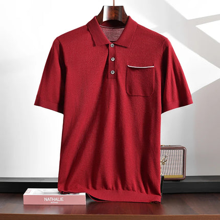 Spring and Summer New Polo Collar 100% Fine Wool Short Sleeve Men's Business Casual T-Shirt with Turn-down Collar and Pocket