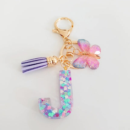Fashion Butterfly Fringe Initial Keychain Drop Glue Blend Sequin A-Z26 Letter Keychain Cute Ladies Student Bag Accessory Gift