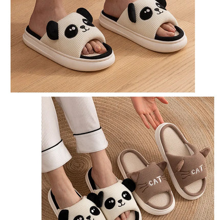 Home Slippers Panda Cat Women Summer Cute Linen Couples Indoor House Non-Slip Thick Funny Sandals Cartoon Kawaii Shoes 2025 New