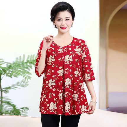Round Necked Pleated Blouse Summer Loose T-shirt 2024 New Plus Size Shirt Flower Pattern Short Sleeved Women's Clothing
