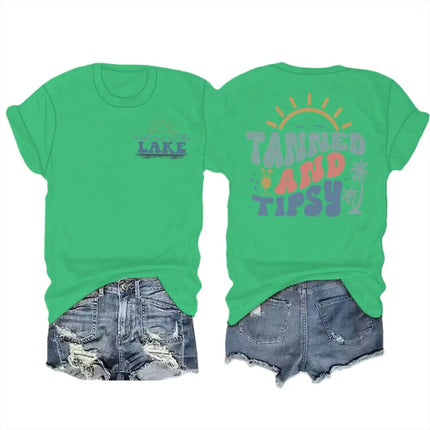 Summer Beach Series T-shirts For Women Men "Tanned And Tipsy" Vacation Trip Tshirt Crewneck Short Sleeve Casual Camisetas Mujer