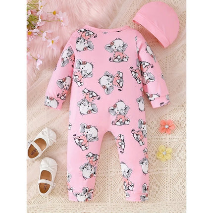 0-24 Months Newborn Baby Girl 2PCS Clothes Set Long Sleeve Elephant Romper+Hat Autumn Fashion Cute Toddler Girl Photograp Outfit