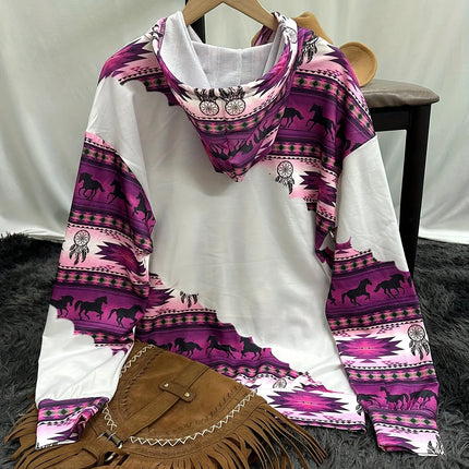 Women's casual fashion round neck pullover hoodie Western ethnic style retro print women's top hoodie