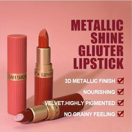 Coral Pearlescent Lipstick - Waterproof, Long-Lasting Shimmer Gloss with Golden Cap, Non-Sticky Formula, Easy Application