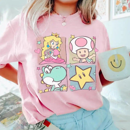 Super Mario Characters Vintage T-shirt Men Women Summer Cotton Y2K Clothing Cartoon High Quality Short Sleeved Tee Streetwear