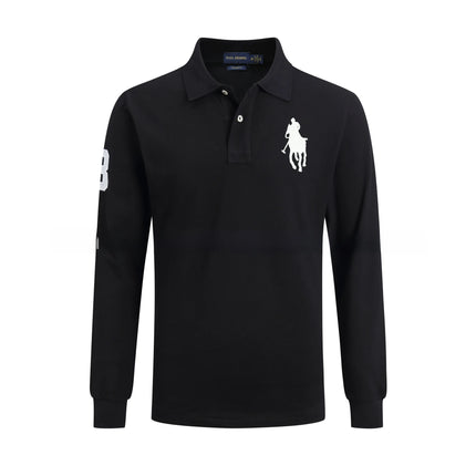 Long Sleeve Pure Cotton Polo Shirt Men's Embroidered Polo Neck T-Shirt Casual Spring Autumn British Style Loose Fit Solid Color