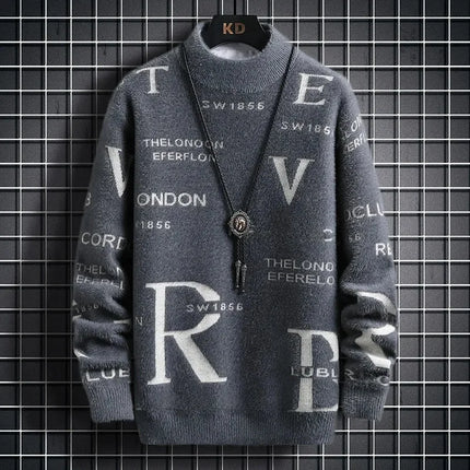 Men's Autumn Winter Fleece Lined Knitted Half High Collar Sweater Letter Pattern Thick Warm Casual Wear for All Seasons
