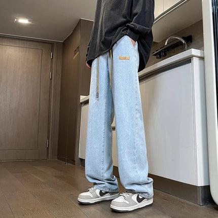 Branded Men's Baggy Jeans Classic Drawstring Loose Casual Straight Pants College Students Daily Versatile Blue Pants
