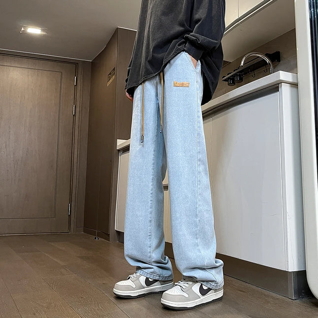 Branded Men's Baggy Jeans Classic Drawstring Loose Casual Straight Pants College Students Daily Versatile Blue Pants