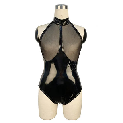 Sexy Faux Leather Catsuit PVC Latex Bodysuit Hollow out Bust Open Crotch Clubwear hot erotic Pole Dance Lingerie wetlook