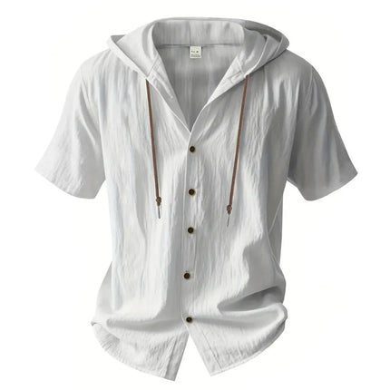 Men's Cotton Linen Shirt, Hooded, Short Sleeve, Solid Color, Breathable, Lightweight, Drawstring Design, Casual Basic Tees