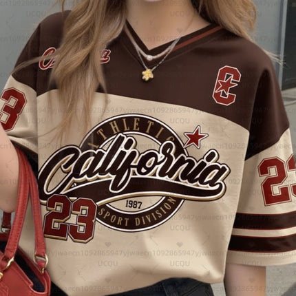 Girls Casual Sports Style California Print Short Sleeve V-Neck Women's Children Men's T-shirt Tops