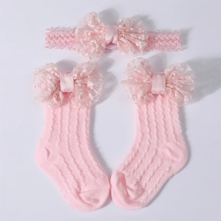 3-12M Newborn Baby Girls Socks Headband Set Cute Breathable Knit Bow Princess Dress Socks for Party, Wedding, Photography