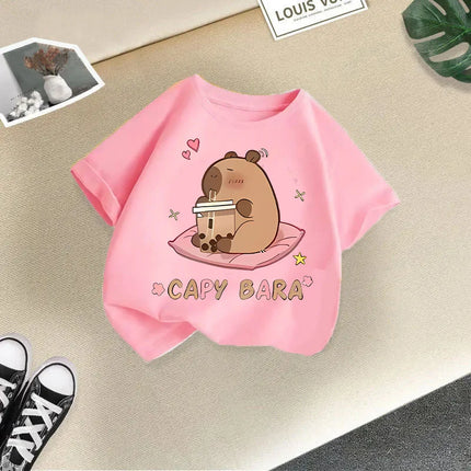 2025 Summer New Cute Animal Kapibala Fashion Printed Children's T-shirt Short Sleeve Fashion Pure Cotton Children's Clothing
