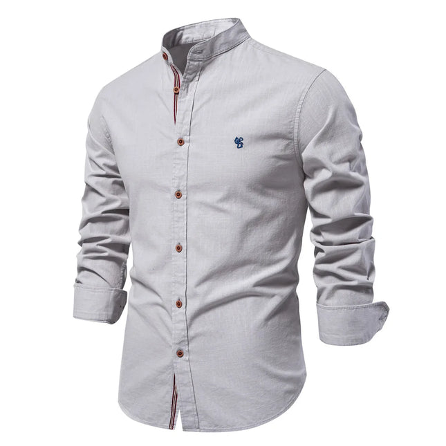 New Trendy Cotton-Linen Men's Business Shirt, Fashionable Solid Color Long-Sleeved Top.