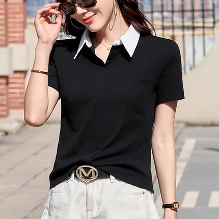 Korean striped short sleeved T-shirt for women's summer new high-end cotton patchwork lapel shirt, polo shirt, casual top