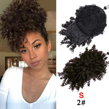 Leeons New Synthetic Afro Kinky Curly Hair Bangs Puff Hair Bun Drawstring Ponytails Clip On Hair Extension Updo Pineapple Fringe