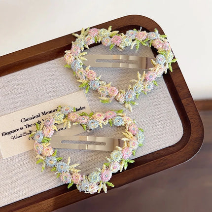 Sweet Flower Embroidery Hair Clips for Girl Love Heart Shaped Hairpins Princess Baby Barrettes Sided Clips Kids Hair Accessories