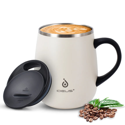 Ideus 470ml insulated coffee cup, travel coffee cup, 304 double-layer stainless steel vacuum milk cup with handle and leak-proof