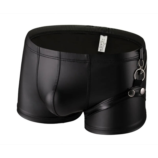 Mens Underwear Black Faux Leather Boxers Shorts Nightclub Ring Panties Man U Convex Pouch Underpants  Cueca Calzoncillo M-XXL