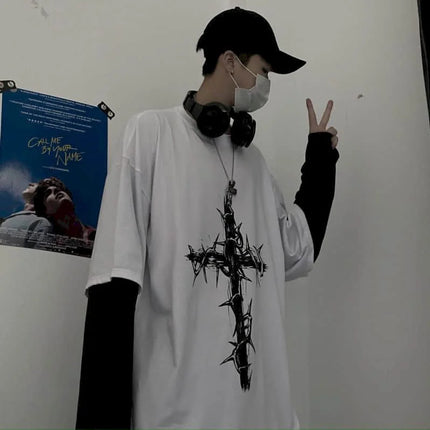 T-shirt for Men Summer Cross of Thorns Suitcase Men's T-shirts Long-sleeved Dark Hip-hop Men's oversize t-shirt Y2k T Shirt Tops