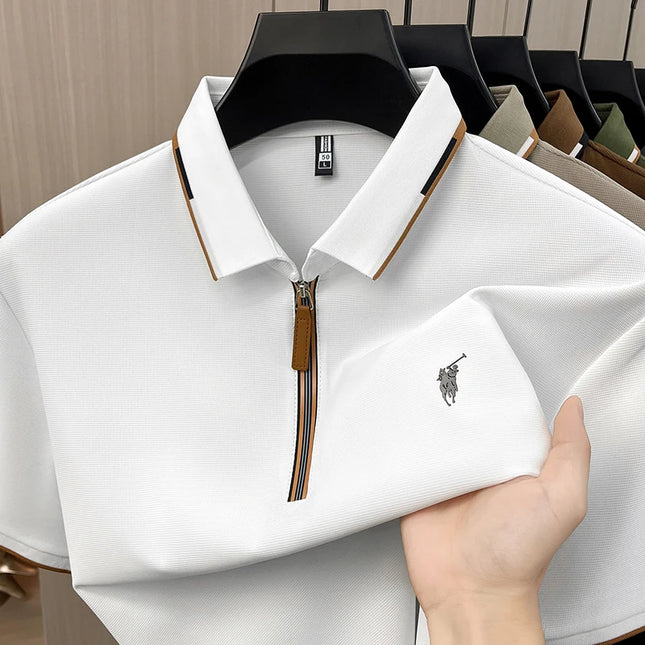 Men's Contrasting Striped Lapel Short Sleeved T-shirt, Summer Dad Outfit, New Cool POLO Top