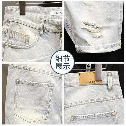 Summer Old Light White Cat Whisker Ripped Denim Four-and-five Pants Men's Slim-fitting Small Feet Versatile Trend Short Pants