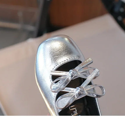 Kids Dance Performance Shoes Square Black Solid Color Girls Princess Shoe with Double Bow 2024 New Girls Leather Shoes Soft Sole