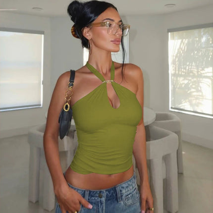 Hugcitar Women's Fashion Halter Solid Loop Backless Bandage Sexy Crop Tank Top 2025 Summer Casual Clothes Streetwear Vacation Club